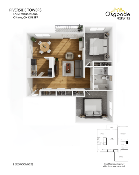 A floor plan for a 2 bedroom apartment at Riverside Towers.